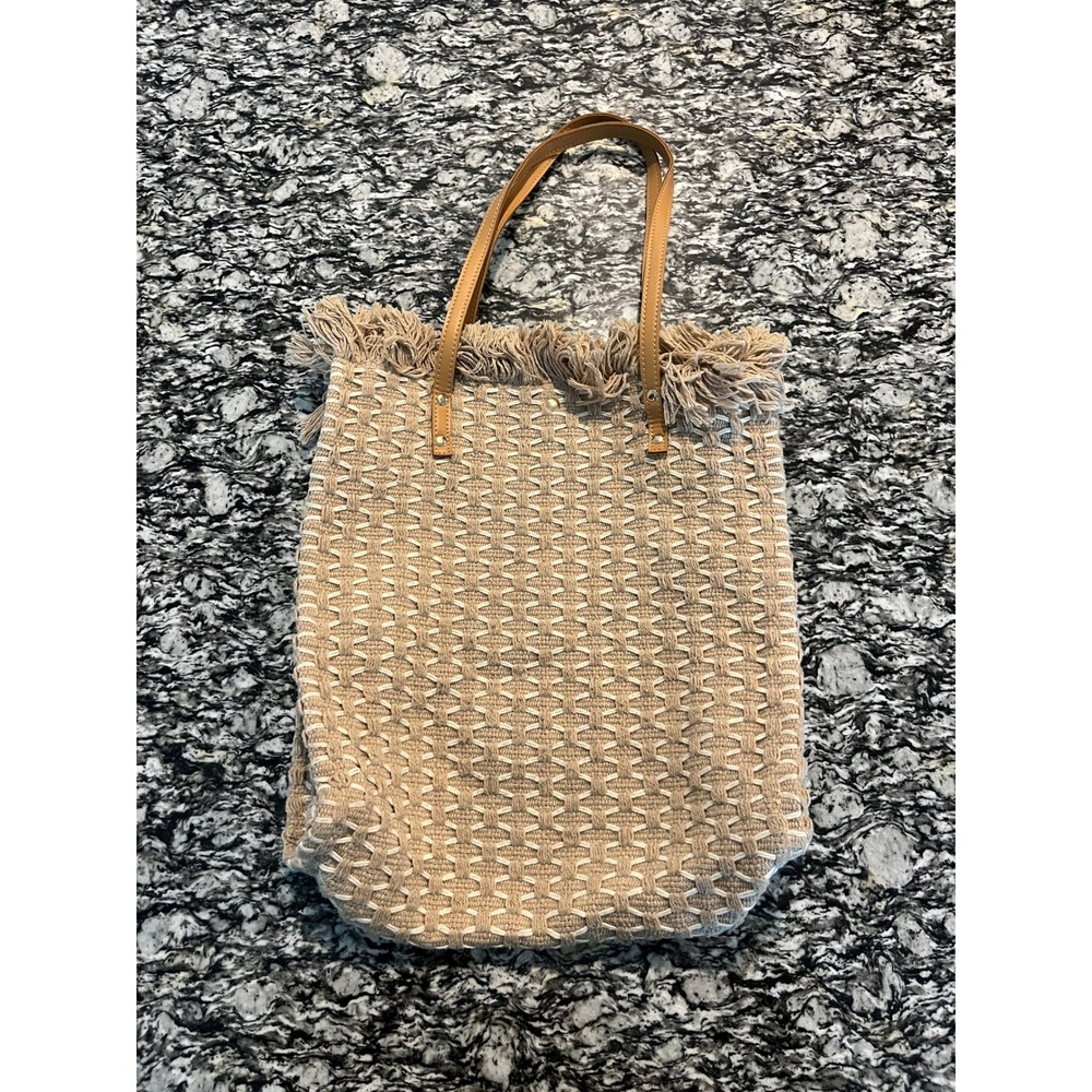 Woven Boho Fringe Tote Bag Tan Cream Textured Shoulder Bag Summer Beach Travel